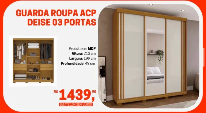 Guarda-Roupa ACP Deise - 03 Portas - Com Espelho - Novo!