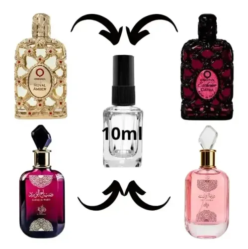 kit 4 decant 10 ml cada 10ml royal âmbar, orientica dania, sabah al ward e sabah sugar