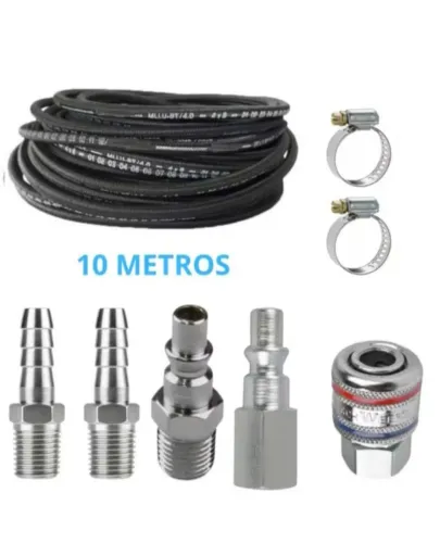 MANGUEIRA 10M BORRACHA PARA COMPRESSOR/PISTOLA E FERRAMENTAS PNEUMÁTICO COM JOGO DE