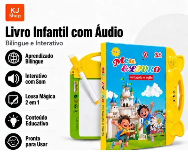 Livro Educativo Bilíngue Interativo Com Som e Lousa Mágica 2 em 1 Brinquedo Infantil
