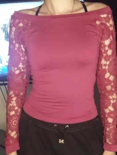 Blusa rosa de manga longa em renda, TAM G