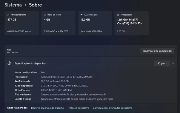 Notebook Gamer Lenovo Loq 12th Gen RTX 2050