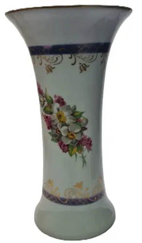 Vaso de porcelana REAL decorado com motivos florais e detalhes em azul cobalto e ouro. Mui