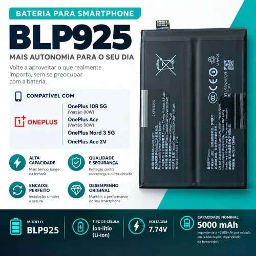 Bateria para smartphone OnePlus 10R Ace Nord 3 Ace 2V BLP925