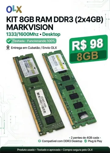 Kit 8GB Memória RAM DDR3 2x4GB MARKVISION Desktop - 1333Mhz - Testada