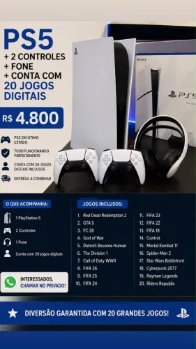? PS5 COMPLETO COM 2 CONTROLES + FONE + 20 JOGOS DIGITAIS!