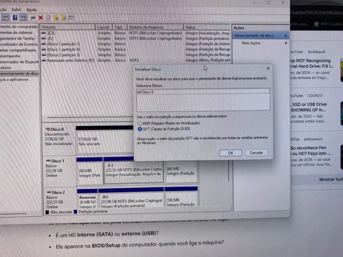 HD 4T ele reconhece no pc porém não consigo ativar como físico