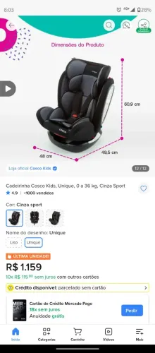 Cadeirinha Cosco Kids, Unique, 0 a 36 kg, Cinza Sport