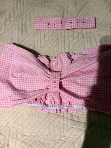 Lindo Conjunto xadrez rosa e branco com coleira decorada