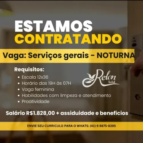 Vaga de Serviços gerais 12x36 em Hotel - Noturno - fem