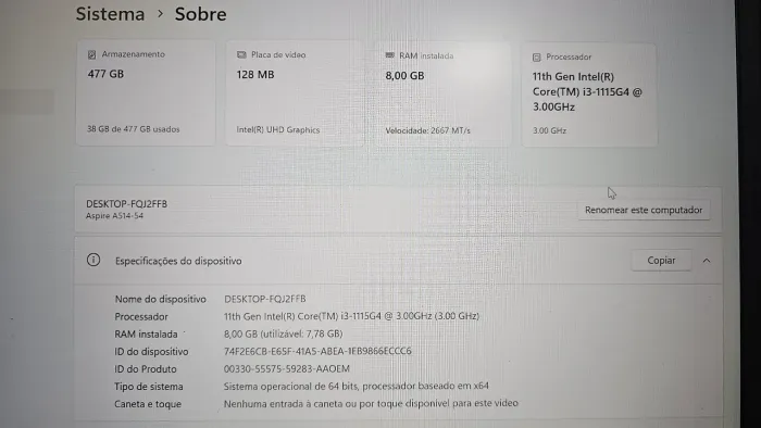 Computador Acer I3 11ª geração