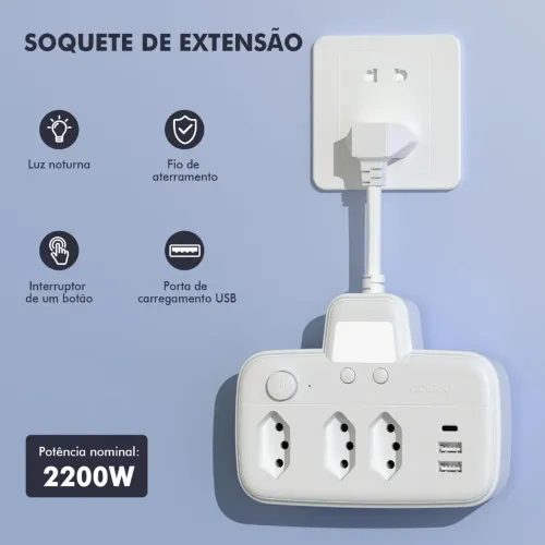 Extensão Coibeu 3 Tomadas com USB e USB-C, Luz Noturna LED, Interruptor e Proteção - 2200W