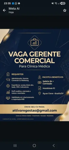 GERENTE COMERCIAL PARA CLÍNICA MÉDICA EM ÁGUAS CLARAS