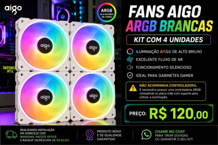 Kit 4 Fans AIGO ARGB Brancas - Alto Fluxo de Ar e Visual Gamer