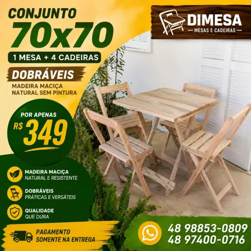 Mesa 70x70 com 4 cadeiras dobráveis madeira maciça sem 6