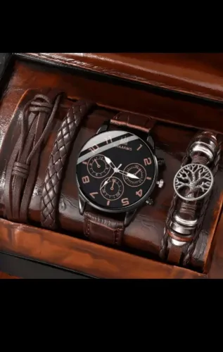 Conjunto de relógio masculino mais 3 pulseiras de couro