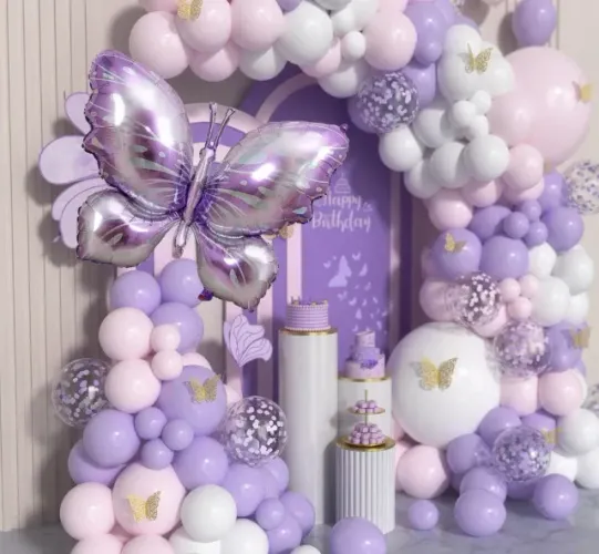 Kit 111 Baloes Arco Borboleta Lilas Rosa Branco Decoração