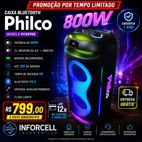 Caixa Bluetooth Philco 800w Bateria Recarregável