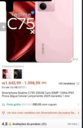 vendo celular Realme c75x novo na caixa com nota , nunca usado