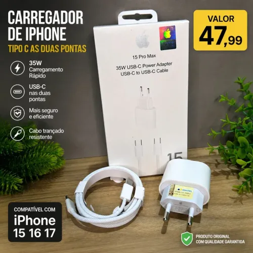 Carregador tipo C iPhone 17 iPhone 16 iPhone 15 Turbo 35w para iPhone 