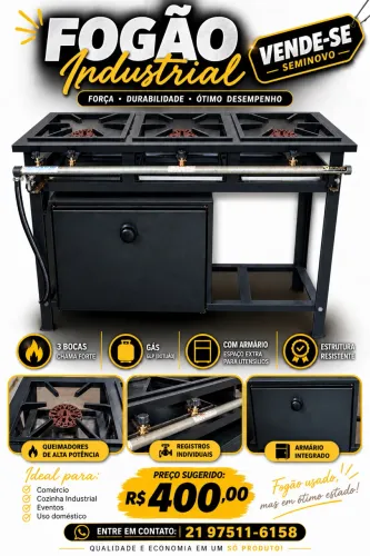 Fogão industrial de 3 bocas com forno