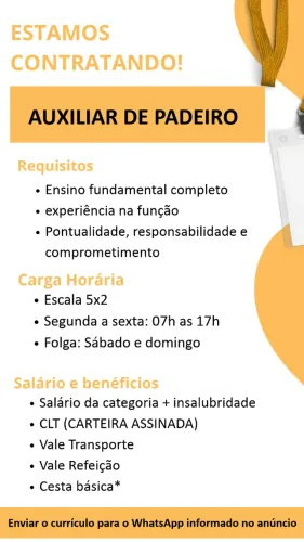AUXILIAR DE PADEIRO (COM EXPERIÊNCIA)