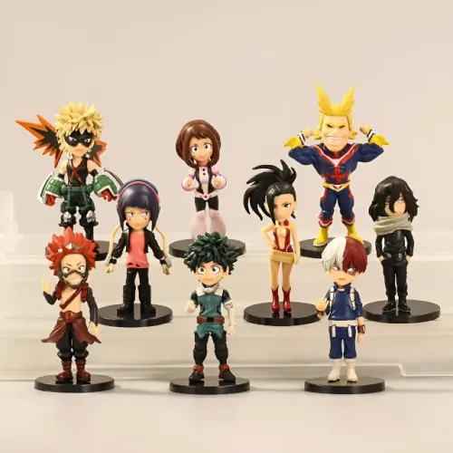Kit 9 Bonecos de My Hero Academia - Miniaturas de Midoriya, Jiro, Aizawa, All Might etc