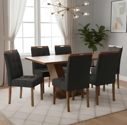 Conjunto Mesa Imperial 160 Cinamomo com 6 Cadeiras Veludo Preto
