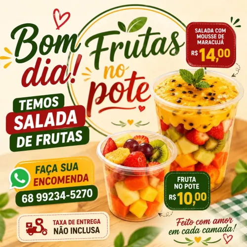Salada de frutas, fruta no pote, cachorro quente 