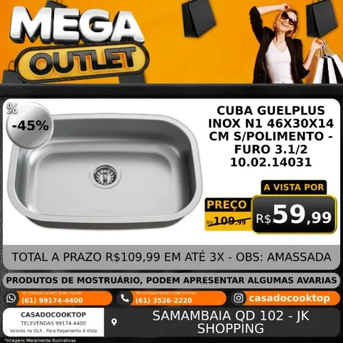 Cuba Guelplus Inox N1 46x30x14 cm S/Polimento - Furo 3.1/2 10.02.14031