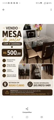 Vende mesa de jantar c/ 4 cadeiras, no geral está em bom estado,pés estão c/marcas de uso