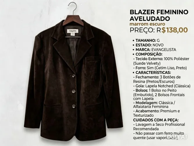 Blazer feminino marrom escuro aveludado, tamanho G, Novo