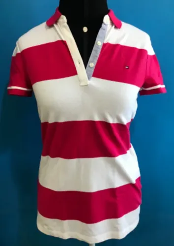 Blusa Polo Tommy Hilfiger Feminina Tamanho PP Cor Rosa e Branco Listrado Algodão