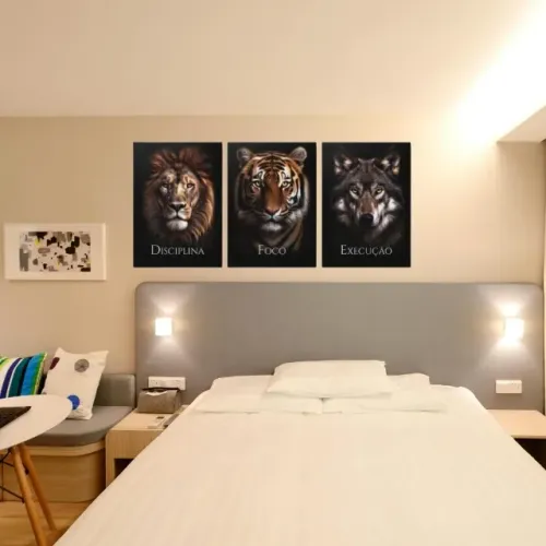 Kit 3 Quadros Decorativos MDF Disciplina Execução e Foco Animais Leao, Tigre e lobo
