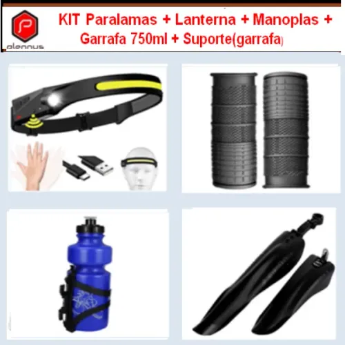 Kit (Paralamas + Garrafa 750ml c/ Suporte + Manoplas + Lanterna) Bike Bicicleta z852 