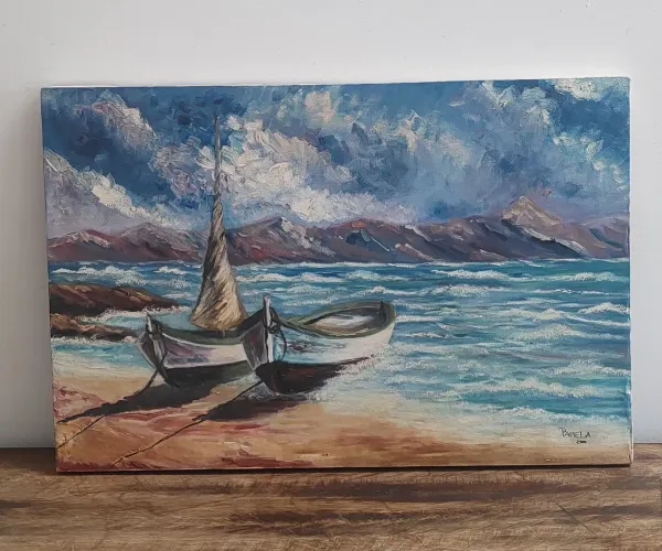 Pintura Óleo sobre Tela - Barcos e Mar