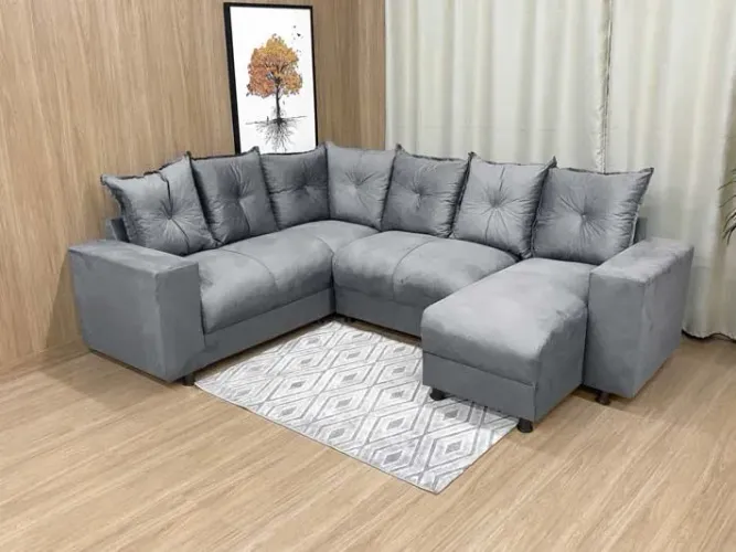 Sofá de Canto Suede Cinza 5 Lugares com Chaise