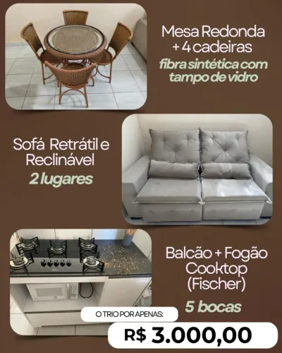 Fogão Cooktop + Balcão, Mesa de fibra sintética e tampa de vidro, sofá retrátil