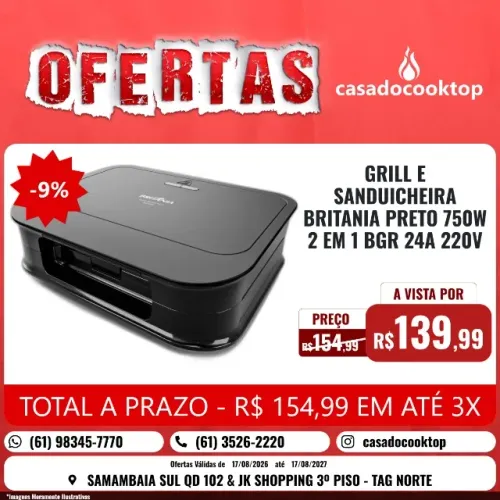 GRILL E SANDUICHEIRA BRITANIA PRETO 750W 2 EM 1 BGR24A 220V 066702208