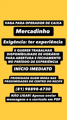 VAGA DE EMPREGO OPERADOR DE CAIXA