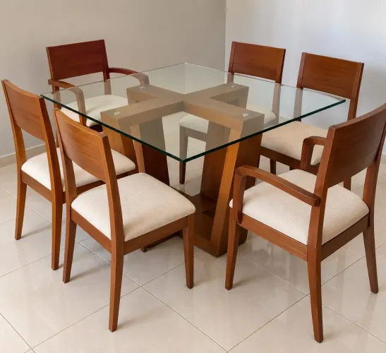 MESA DE JANTAR COM 6 CADEIRAS - TAMPO DE VIDRO