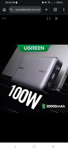 Power Bank Ugreen 20000mAh Bateria Portátil 100W Cinza