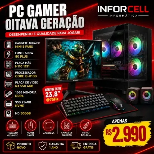 PC Gamer Intel Core i3-8100 Placa Vídeo RX 550 16gb Ram Ddr4 Ssd 256gb Hd 500gb Tela 22