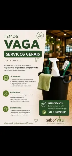VAGA P/ SERVIÇOS GERAIS EM RESTAURANTE DAS 8H AS 16H
