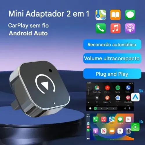 Carplay Android Auto Wireless Sem Fio 2 Em 1 Compatível Ios E Android Conexão Rápida 