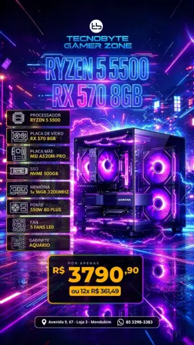 PC Gamer Ryzen 5 5500/ RX 570/ 16GB Ram/ NVME 500GB/Gabinete Aquário com 5 Fans LED