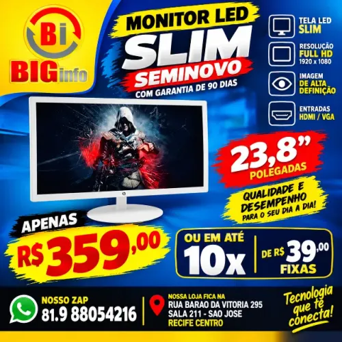 MONITOR LED 23.5 BRAZILPC 22W-75KAN FHD 75HZ BRANCO WIDESCREEN - Em ate 10x Fixas