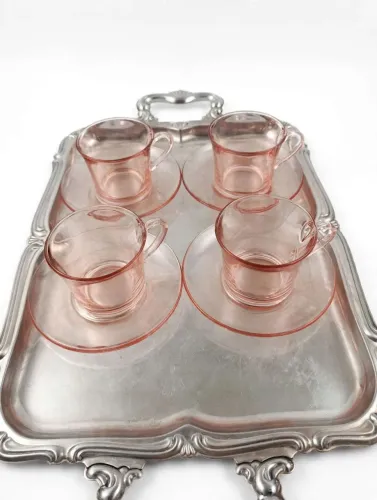 Conjunto 4 Xícaras Duralex Vintage Rosé Original com Pires - Anos 80 Raro