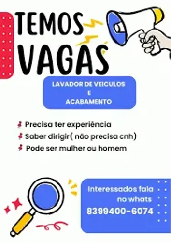 VAGA EMPREGO GUARIBA LAVADOR DE CARROS E MOTO GARIBADOR DE VEÍCULOS LAVA JATO