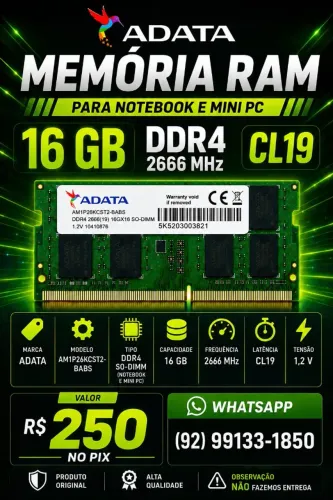 1x Memória RAM ADATA 16 GB DDR4 2666 MHz CL19 (Para Notebook e Mini PC)